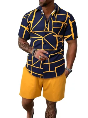Men's Short-Sleeve Striped Shirt and Patchwork Beach Shorts - Everyday Summer Set