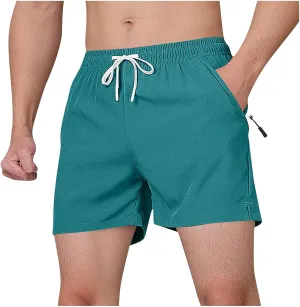 Men's Shorts Quick Dry with Zipper Pockets Workout Athletic Running Gym Elastic Trunks Lightweight Activewear