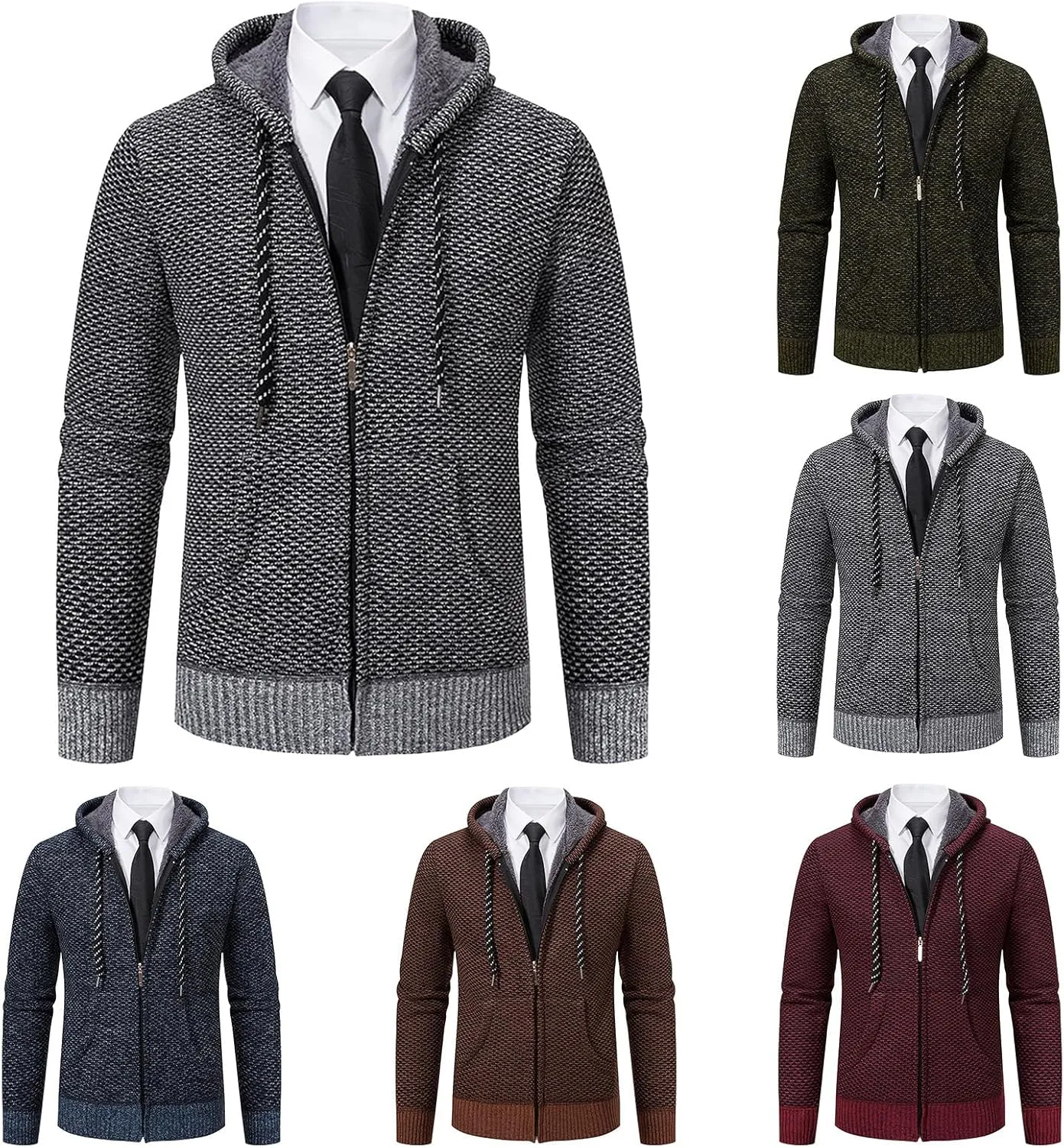 Mens Slim Fit Fleece Sweater Hoodie Full Zip Jacket Lightweight Casual Multi-Pocket Outerwear for Indoor Dress