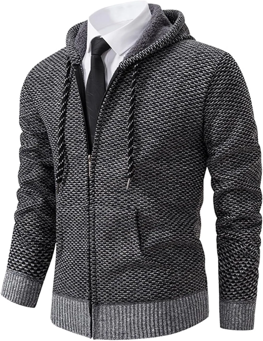 Mens Slim Fit Fleece Sweater Hoodie Full Zip Jacket Lightweight Casual Multi-Pocket Outerwear for Indoor Dress