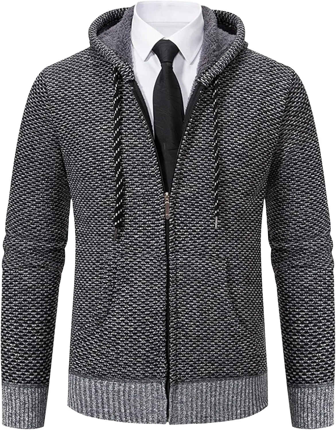 Mens Slim Fit Fleece Sweater Hoodie Full Zip Jacket Lightweight Casual Multi-Pocket Outerwear for Indoor Dress