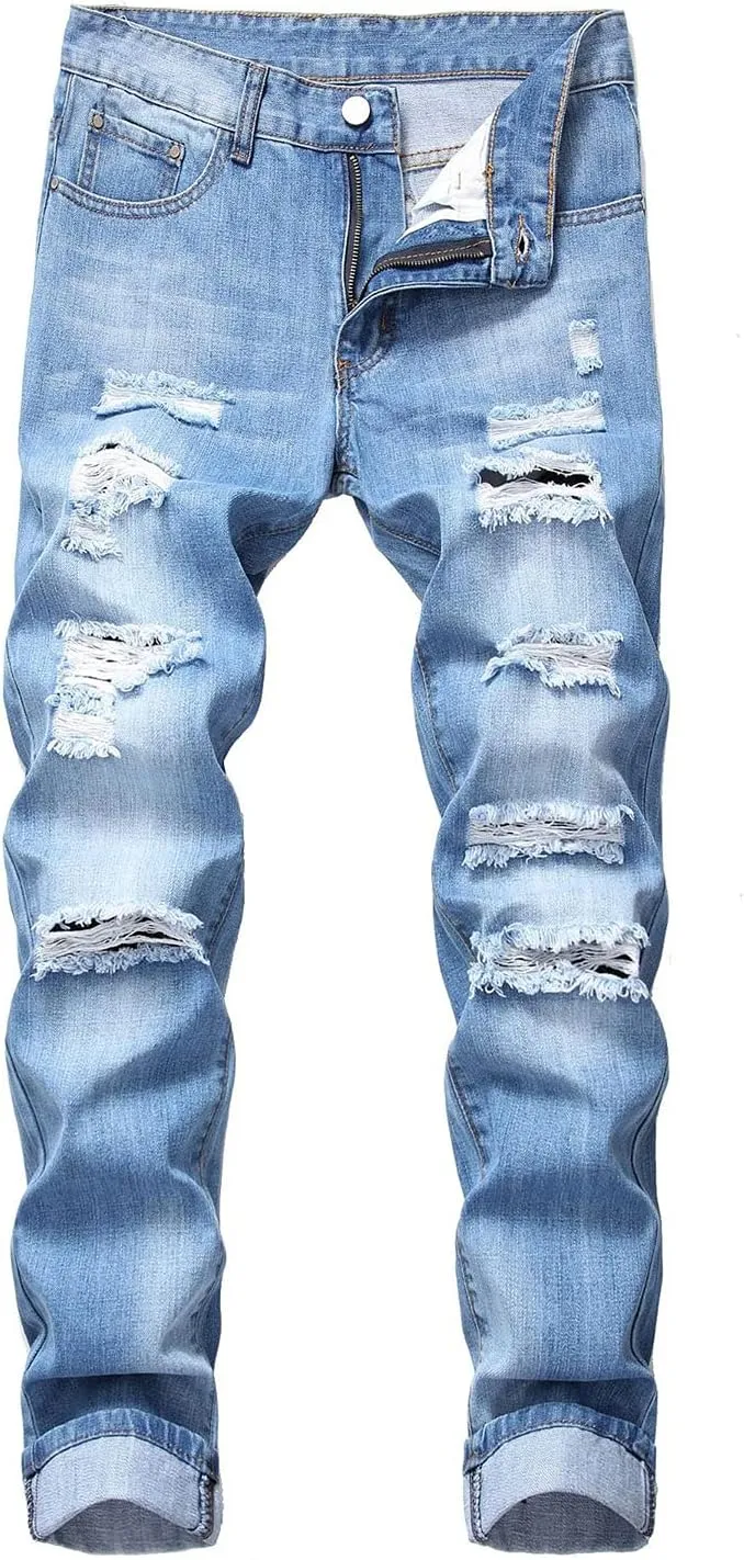 Men's Slim Fit Ripped Distressed Jeans Slim Straight Fit Denim Pants Slim Fit Straight Leg Denim Trouses