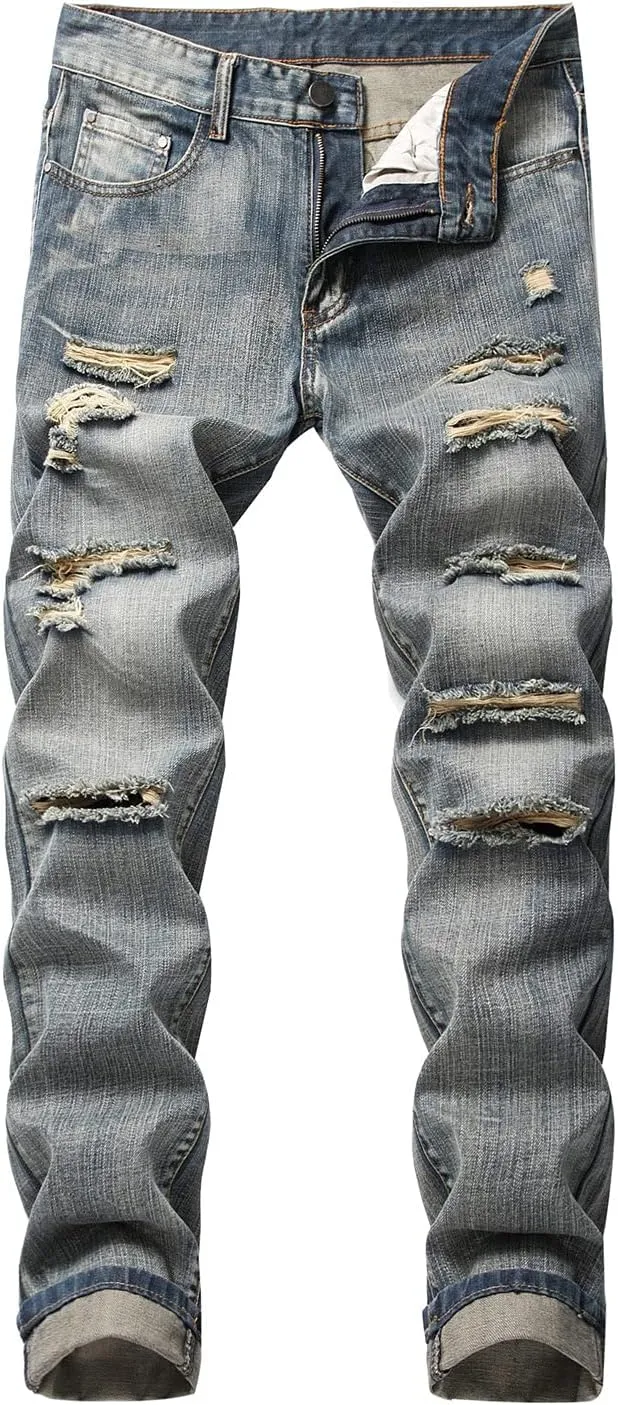 Men's Slim Fit Ripped Distressed Jeans Slim Straight Fit Denim Pants Slim Fit Straight Leg Denim Trouses