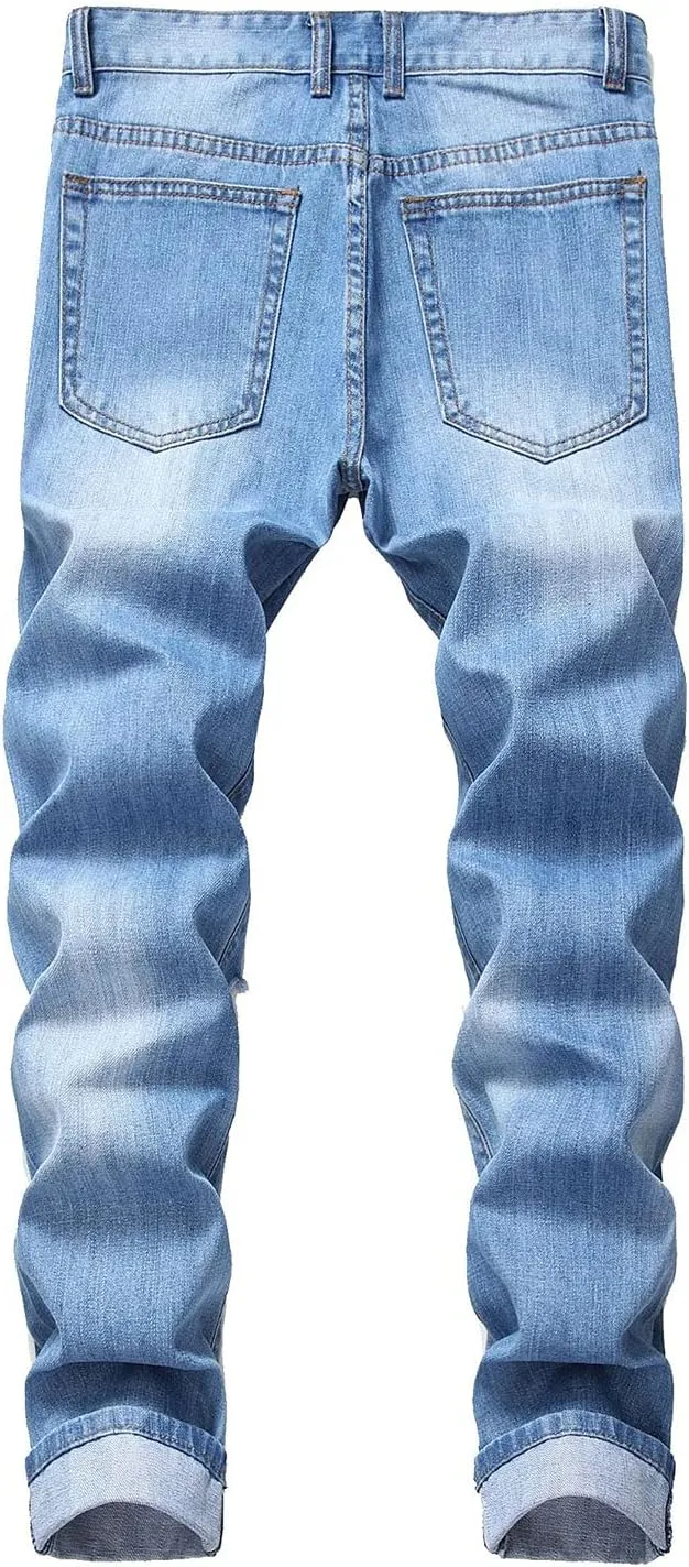 Men's Slim Fit Ripped Distressed Jeans Slim Straight Fit Denim Pants Slim Fit Straight Leg Denim Trouses