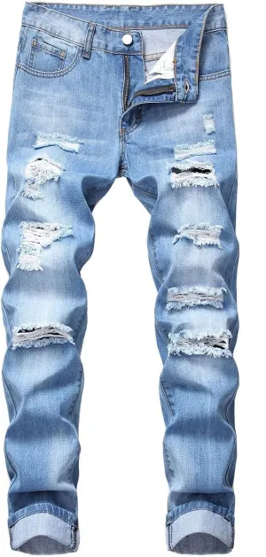 Men's Slim Fit Ripped Distressed Jeans Slim Straight Fit Denim Pants Slim Fit Straight Leg Denim Trouses