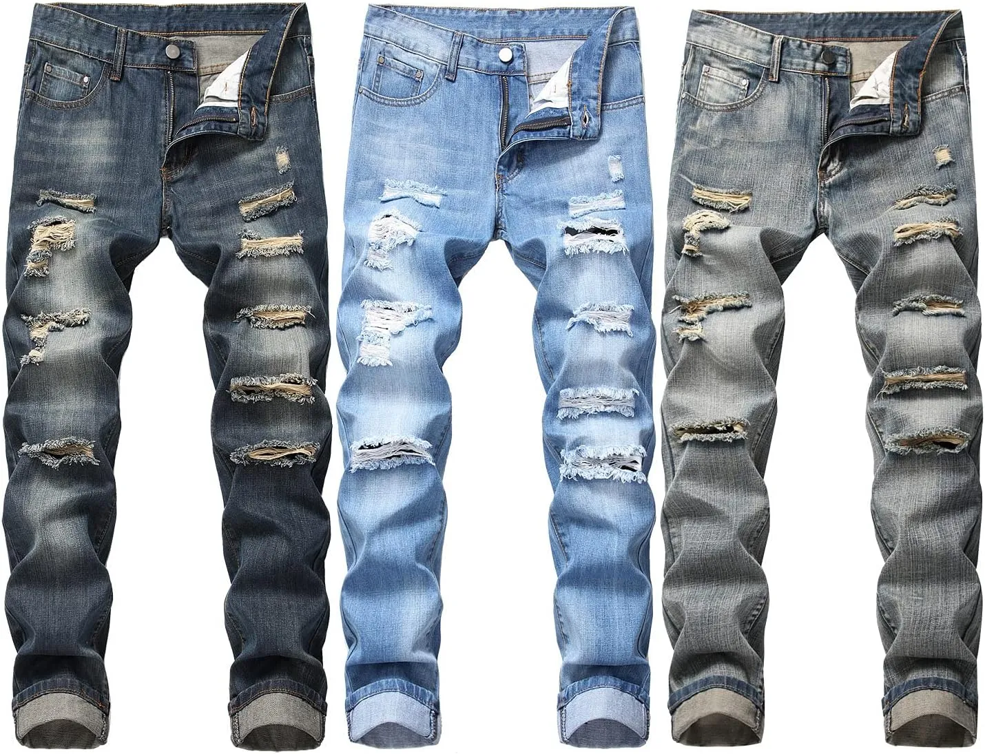 Men's Slim Fit Ripped Distressed Jeans Slim Straight Fit Denim Pants Slim Fit Straight Leg Denim Trouses