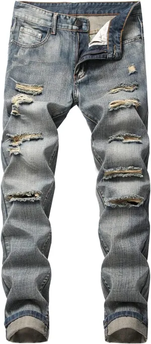 Men's Slim Fit Ripped Distressed Jeans Slim Straight Fit Denim Pants Slim Fit Straight Leg Denim Trouses