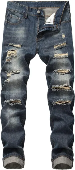 Men's Slim Fit Ripped Distressed Jeans Slim Straight Fit Denim Pants Slim Fit Straight Leg Denim Trouses