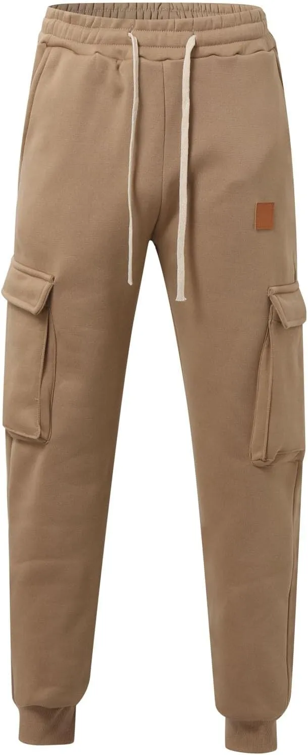 Men's Stretch Cargo Pants, Lightweight Comfy Cargo Pants, Fleece Fleece Sweatpants High Stretch Multi-Pocket Cargo Pants