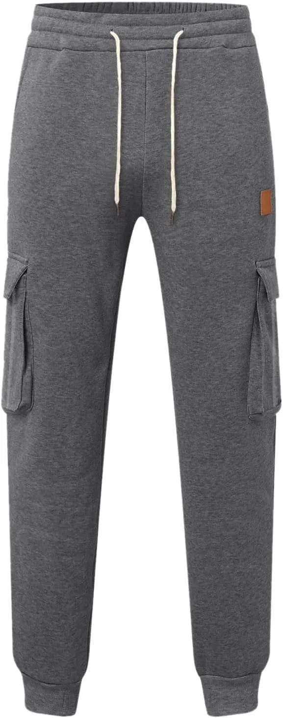 Men's Stretch Cargo Pants, Lightweight Comfy Cargo Pants, Fleece Fleece Sweatpants High Stretch Multi-Pocket Cargo Pants