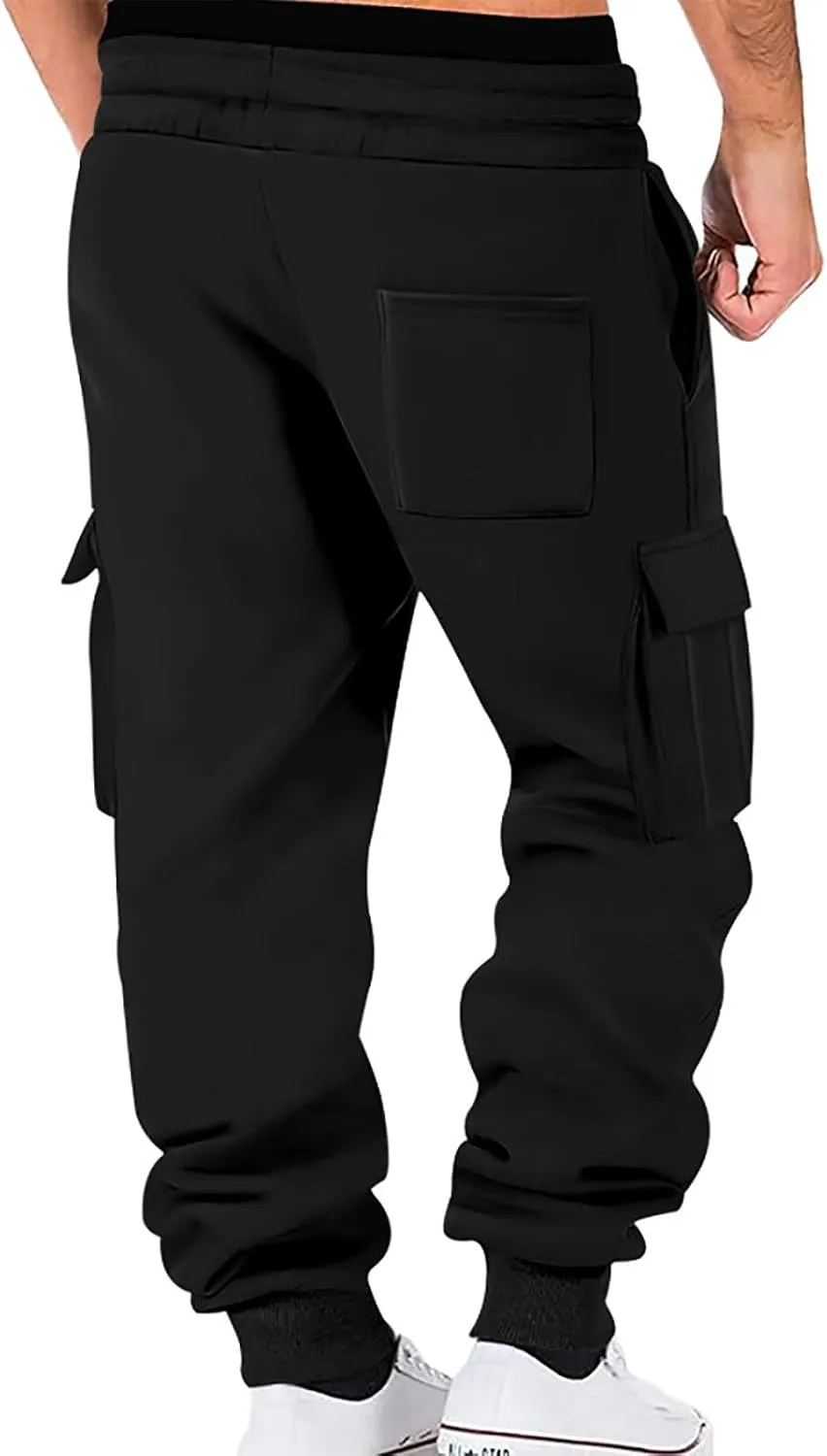 Men's Stretch Cargo Pants, Lightweight Comfy Cargo Pants, Fleece Fleece Sweatpants High Stretch Multi-Pocket Cargo Pants