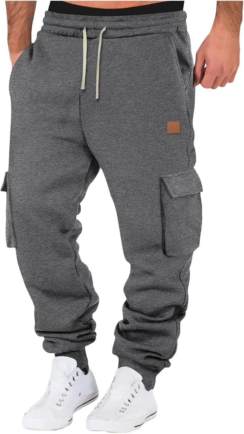 Men's Stretch Cargo Pants, Lightweight Comfy Cargo Pants, Fleece Fleece Sweatpants High Stretch Multi-Pocket Cargo Pants
