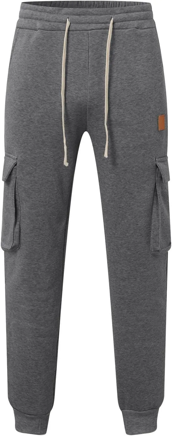 Men's Stretch Cargo Pants, Lightweight Comfy Cargo Pants, Fleece Fleece Sweatpants High Stretch Multi-Pocket Cargo Pants