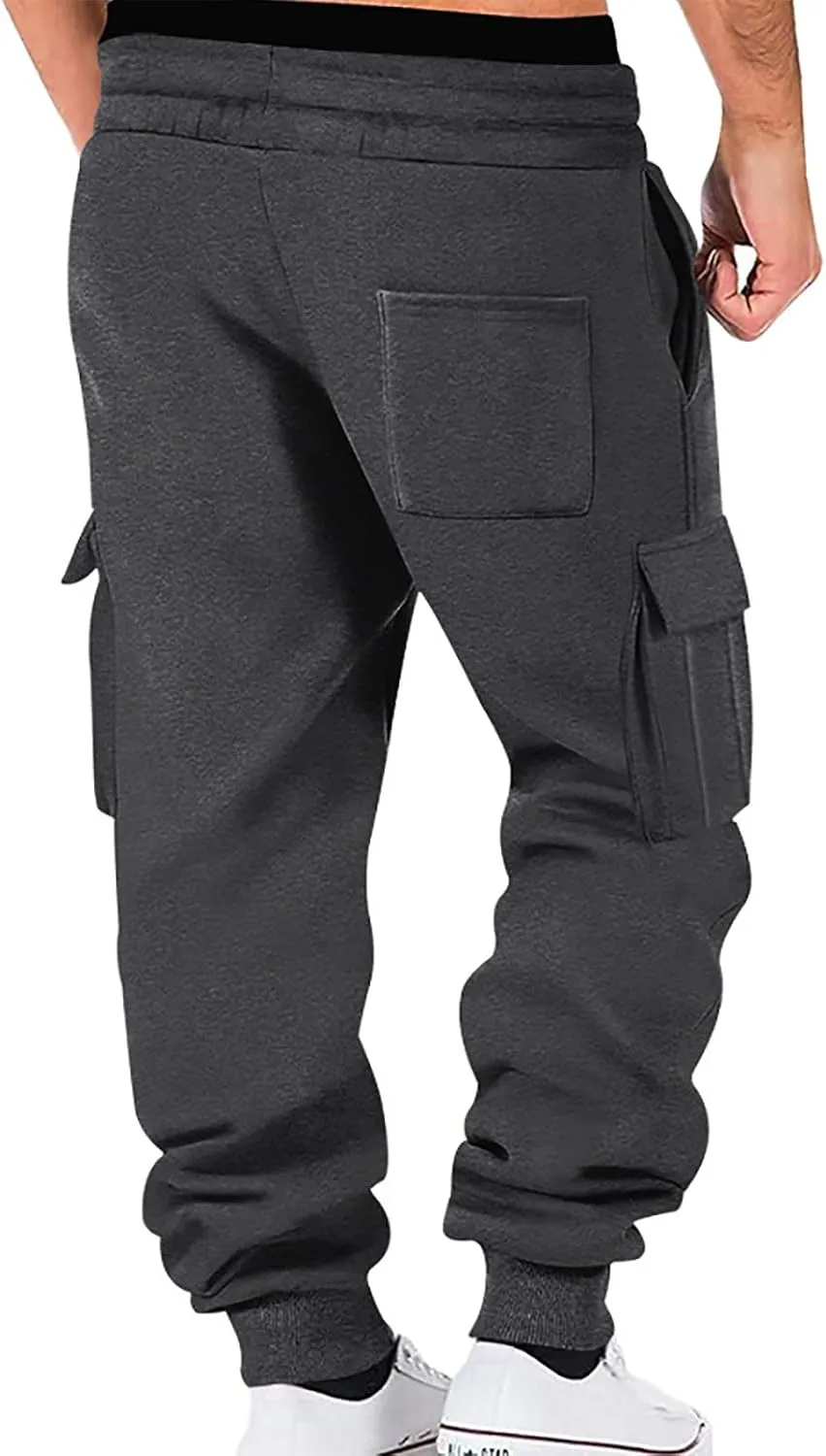 Men's Stretch Cargo Pants, Lightweight Comfy Cargo Pants, Fleece Fleece Sweatpants High Stretch Multi-Pocket Cargo Pants
