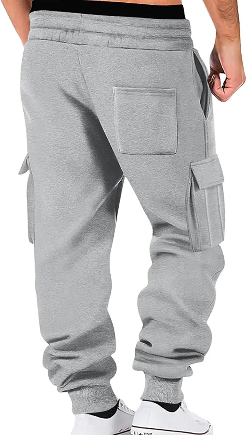 Men's Stretch Cargo Pants, Lightweight Comfy Cargo Pants, Fleece Fleece Sweatpants High Stretch Multi-Pocket Cargo Pants