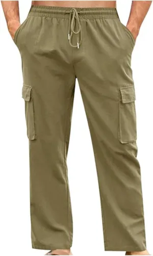 Men's Summer Cotton Linen Pants Casual Loose Straight Leg Pants Baggy Trendy Lightweight Beach Long Pants with Pockets