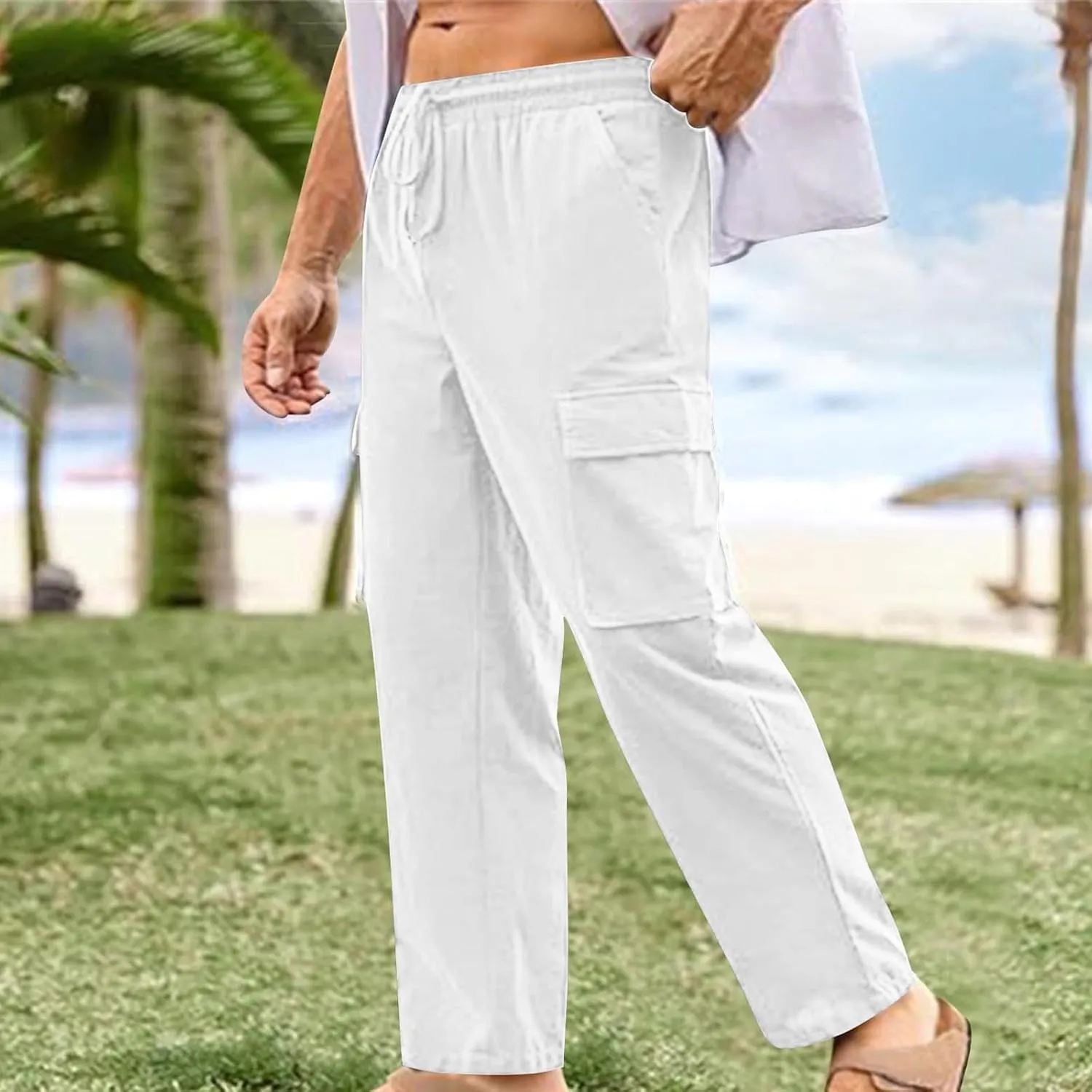 Men's Summer Cotton Linen Pants Casual Loose Straight Leg Pants Baggy Trendy Lightweight Beach Long Pants with Pockets