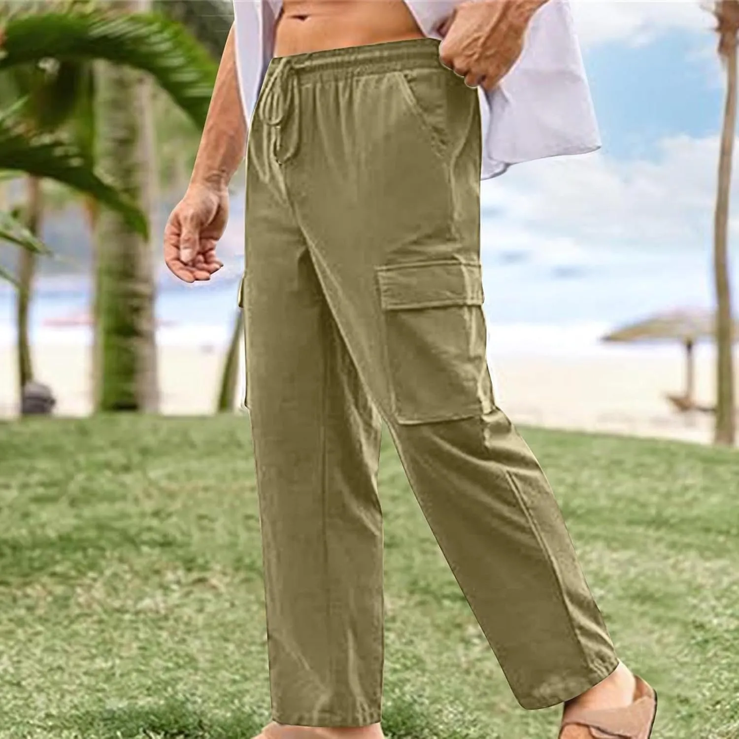 Men's Summer Cotton Linen Pants Casual Loose Straight Leg Pants Baggy Trendy Lightweight Beach Long Pants with Pockets