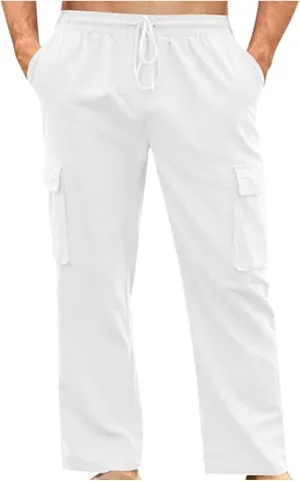 Men's Summer Cotton Linen Pants Casual Loose Straight Leg Pants Baggy Trendy Lightweight Beach Long Pants with Pockets