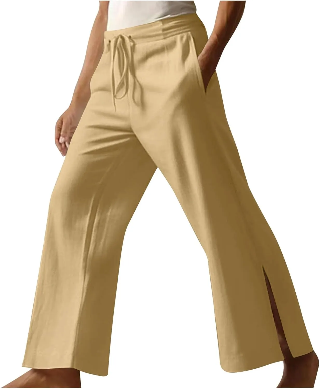 Mens Wide Leg Pants Summer Beach Cotton Linen Pant Lightweight Casual Elastic Waist Drawstring Casual Trousers