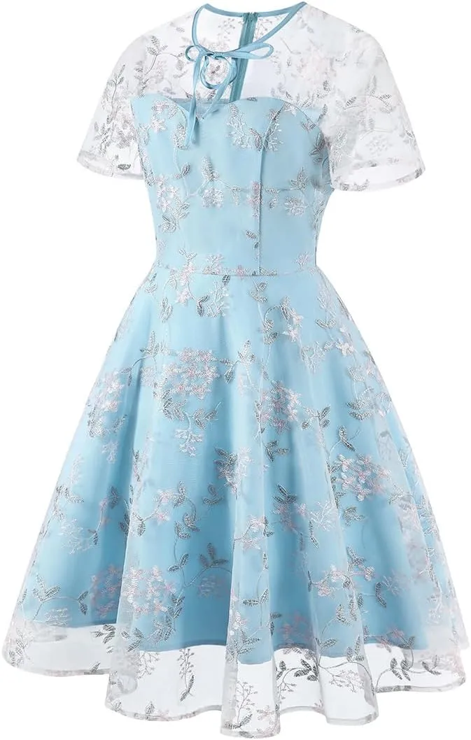 Mesh Embroidery Floral Dress for Women Short Sleeve Cocktail Tea Party Dress Keyhole Tie Formal Embroidered Tulle Prom Dress