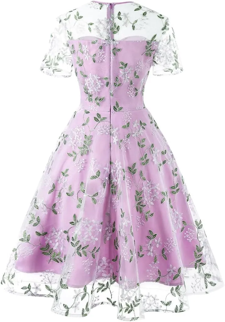 Mesh Embroidery Floral Dress for Women Short Sleeve Cocktail Tea Party Dress Keyhole Tie Formal Embroidered Tulle Prom Dress