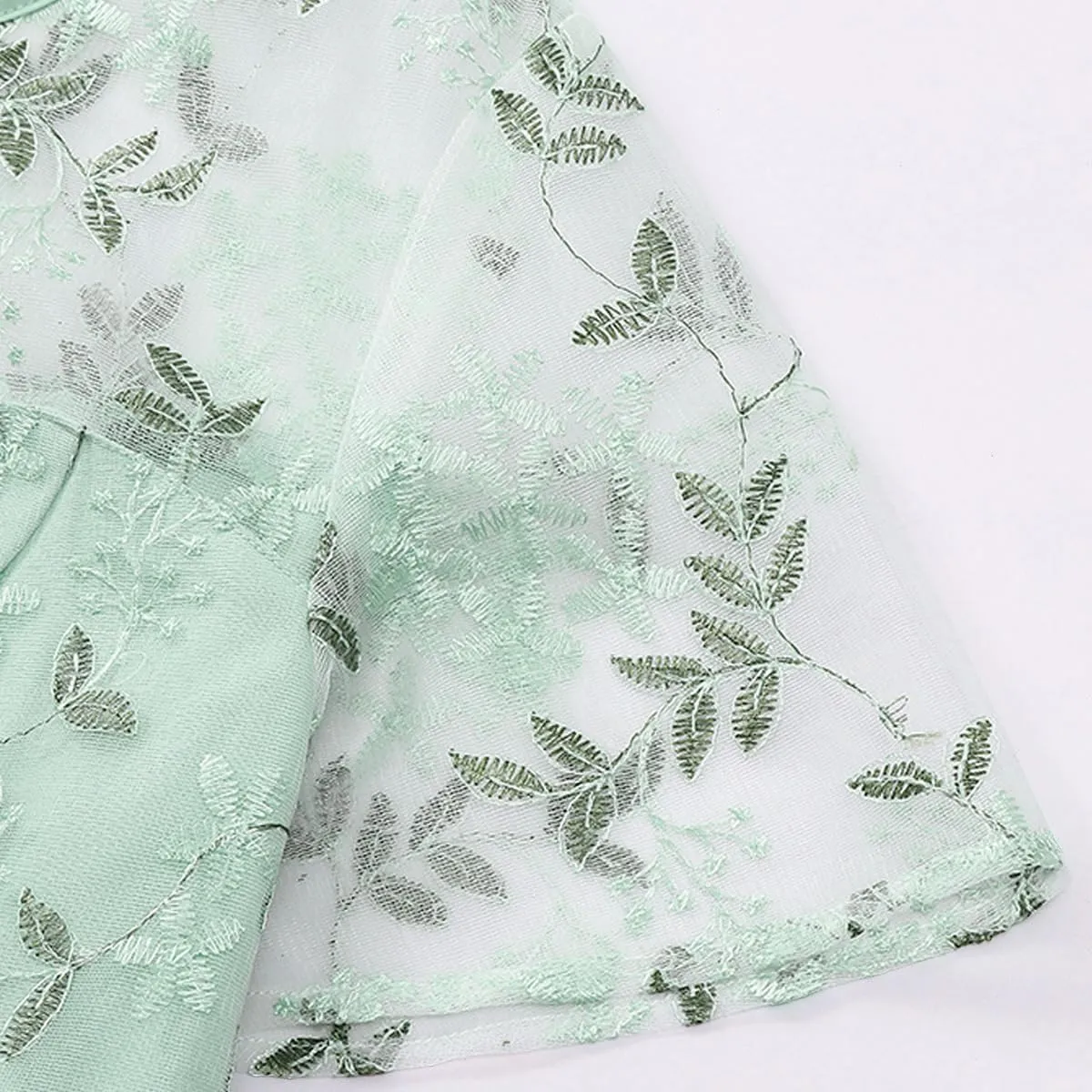 Mesh Embroidery Floral Dress for Women Short Sleeve Cocktail Tea Party Dress Keyhole Tie Formal Embroidered Tulle Prom Dress
