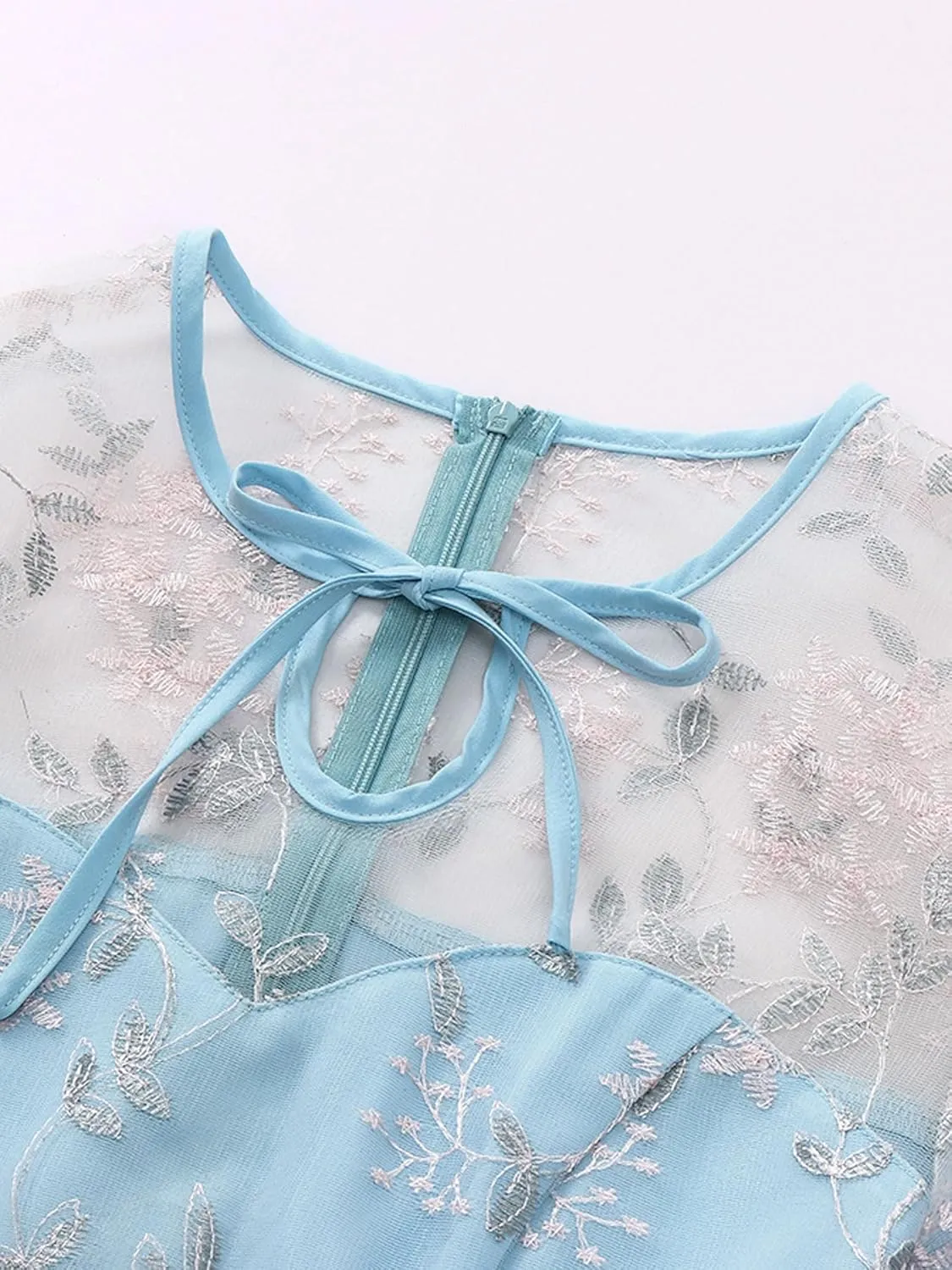 Mesh Embroidery Floral Dress for Women Short Sleeve Cocktail Tea Party Dress Keyhole Tie Formal Embroidered Tulle Prom Dress