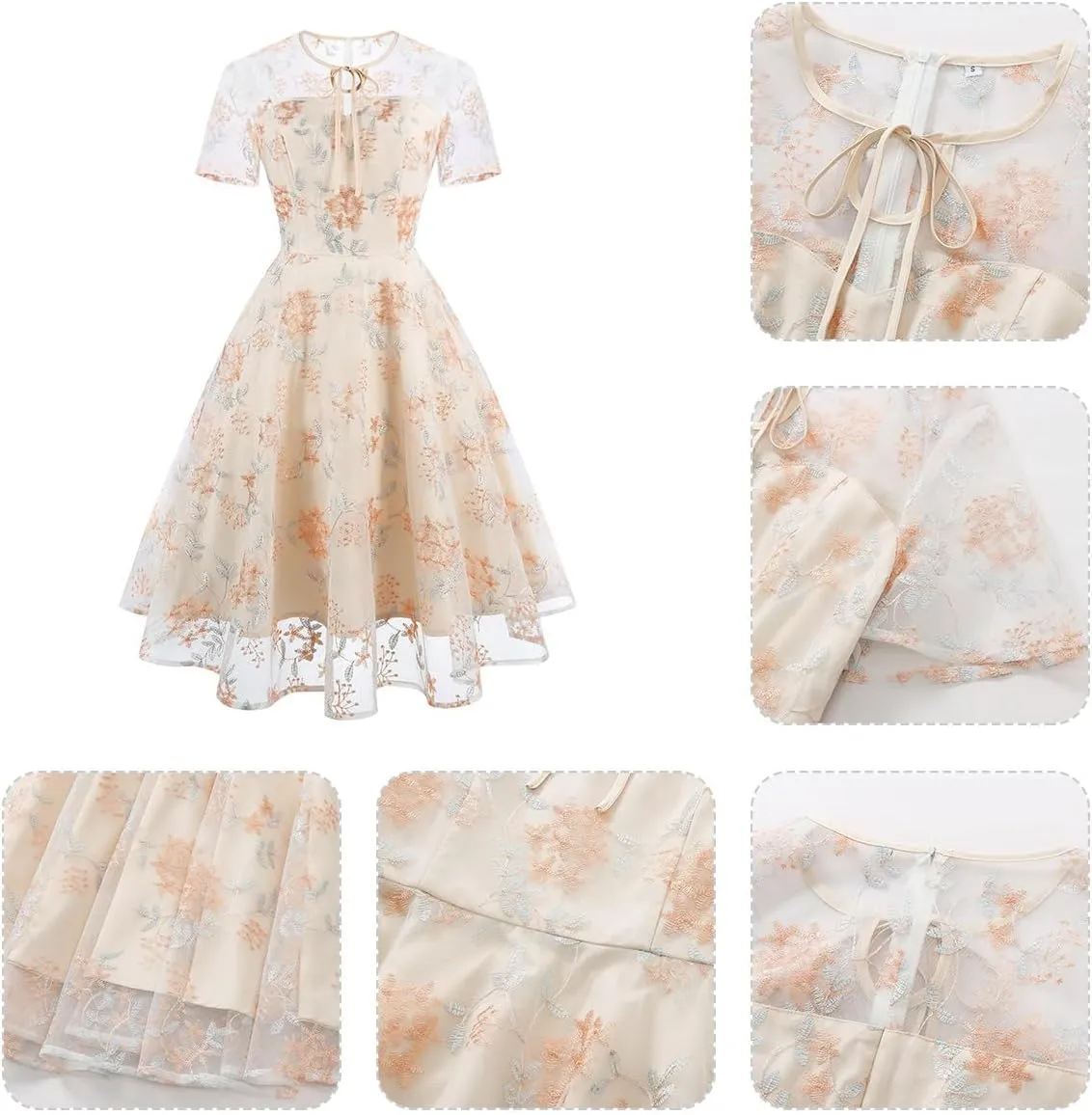 Mesh Embroidery Floral Dress for Women Short Sleeve Cocktail Tea Party Dress Keyhole Tie Formal Embroidered Tulle Prom Dress
