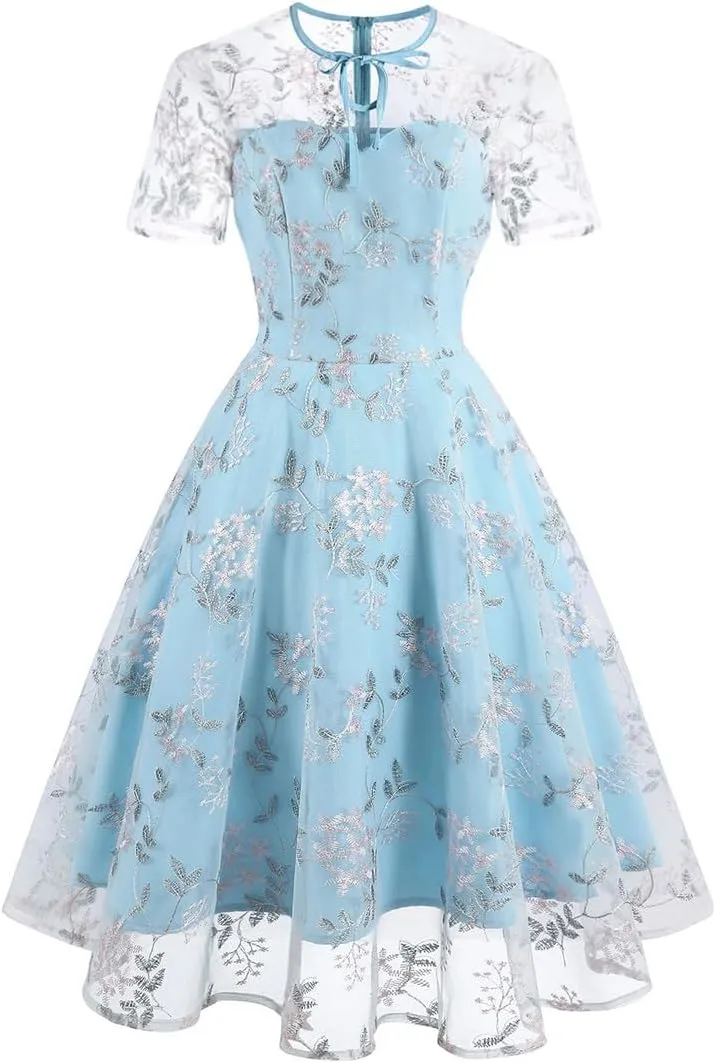 Mesh Embroidery Floral Dress for Women Short Sleeve Cocktail Tea Party Dress Keyhole Tie Formal Embroidered Tulle Prom Dress