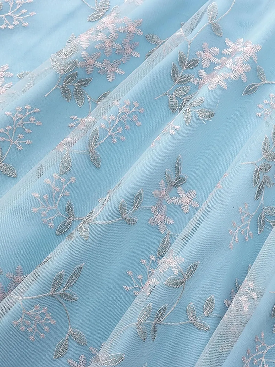 Mesh Embroidery Floral Dress for Women Short Sleeve Cocktail Tea Party Dress Keyhole Tie Formal Embroidered Tulle Prom Dress