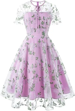 Mesh Embroidery Floral Dress for Women Short Sleeve Cocktail Tea Party Dress Keyhole Tie Formal Embroidered Tulle Prom Dress