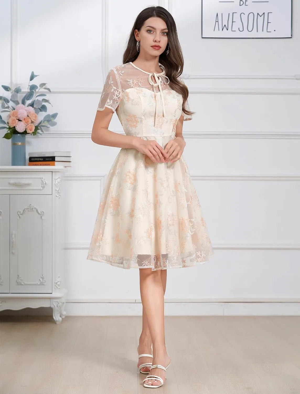 Mesh Embroidery Floral Dress for Women Short Sleeve Cocktail Tea Party Dress Keyhole Tie Formal Embroidered Tulle Prom Dress