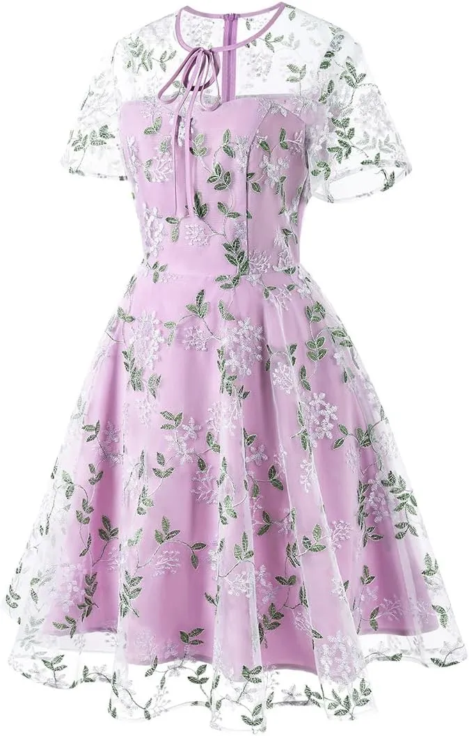 Mesh Embroidery Floral Dress for Women Short Sleeve Cocktail Tea Party Dress Keyhole Tie Formal Embroidered Tulle Prom Dress