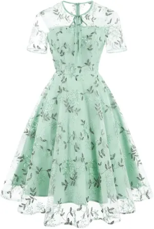 Mesh Embroidery Floral Dress for Women Short Sleeve Cocktail Tea Party Dress Keyhole Tie Formal Embroidered Tulle Prom Dress