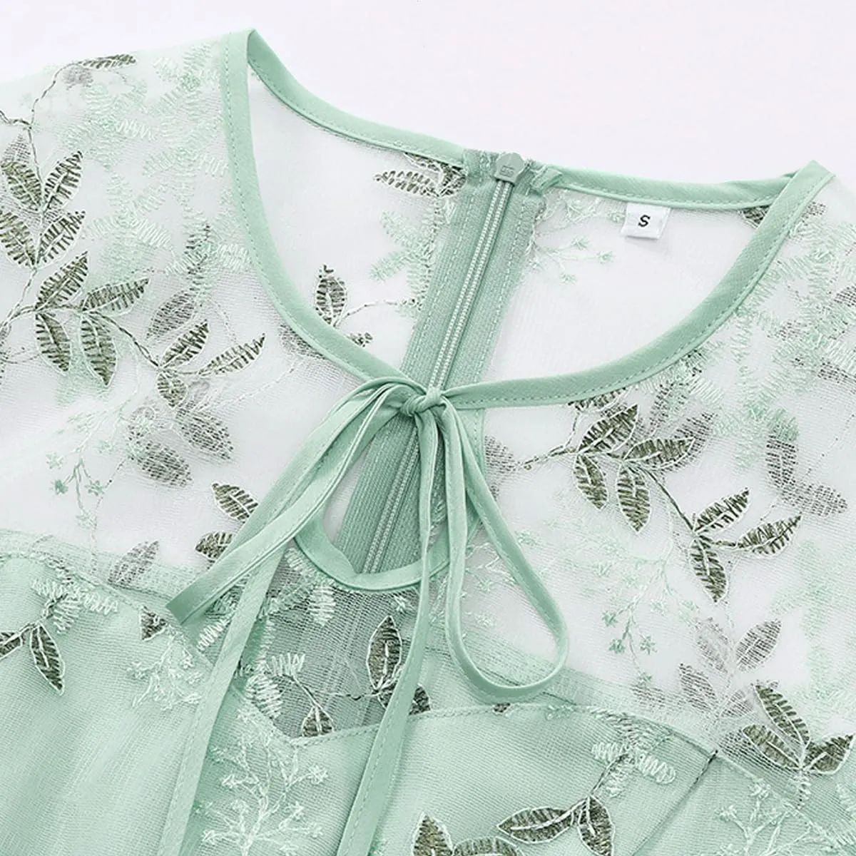 Mesh Embroidery Floral Dress for Women Short Sleeve Cocktail Tea Party Dress Keyhole Tie Formal Embroidered Tulle Prom Dress