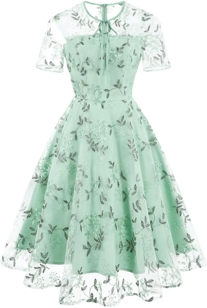 Mesh Embroidery Floral Dress for Women Short Sleeve Cocktail Tea Party Dress Keyhole Tie Formal Embroidered Tulle Prom Dress