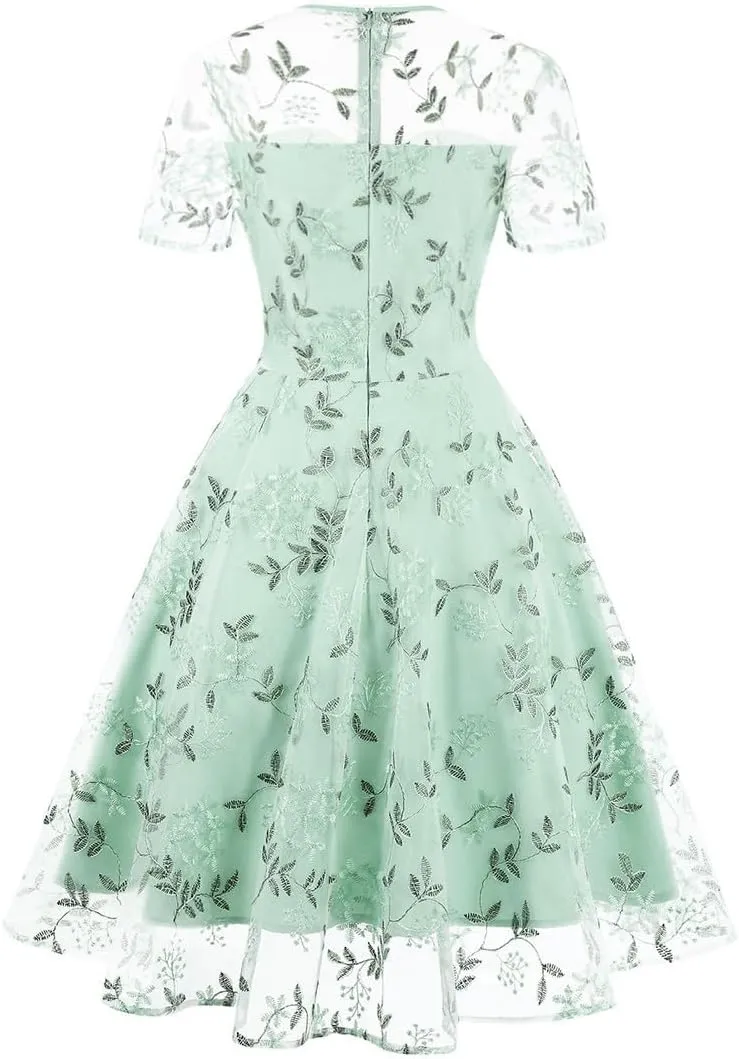 Mesh Embroidery Floral Dress for Women Short Sleeve Cocktail Tea Party Dress Keyhole Tie Formal Embroidered Tulle Prom Dress