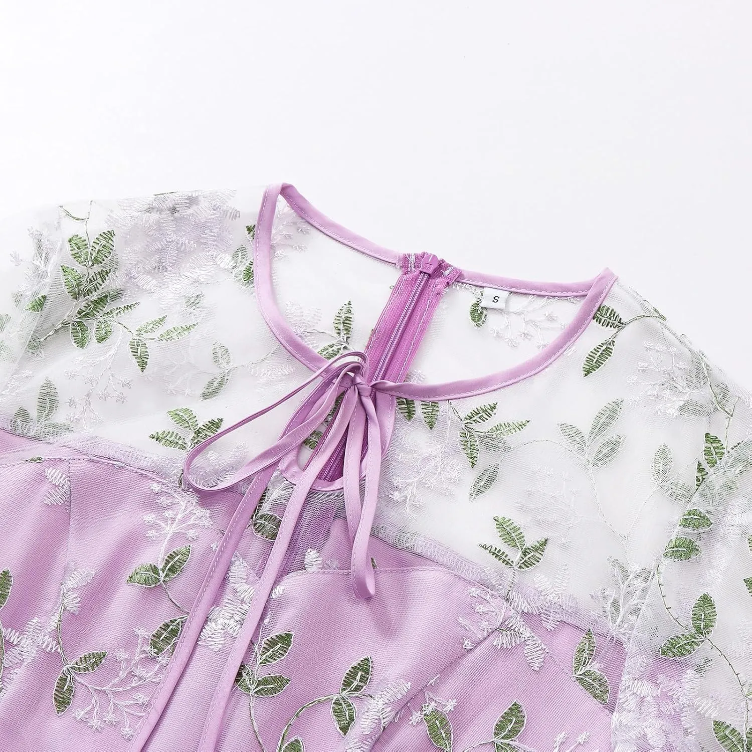 Mesh Embroidery Floral Dress for Women Short Sleeve Cocktail Tea Party Dress Keyhole Tie Formal Embroidered Tulle Prom Dress