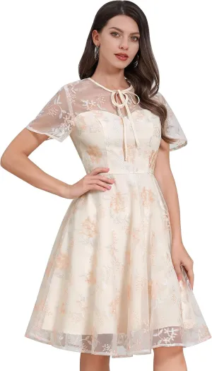Mesh Embroidery Floral Dress for Women Short Sleeve Cocktail Tea Party Dress Keyhole Tie Formal Embroidered Tulle Prom Dress