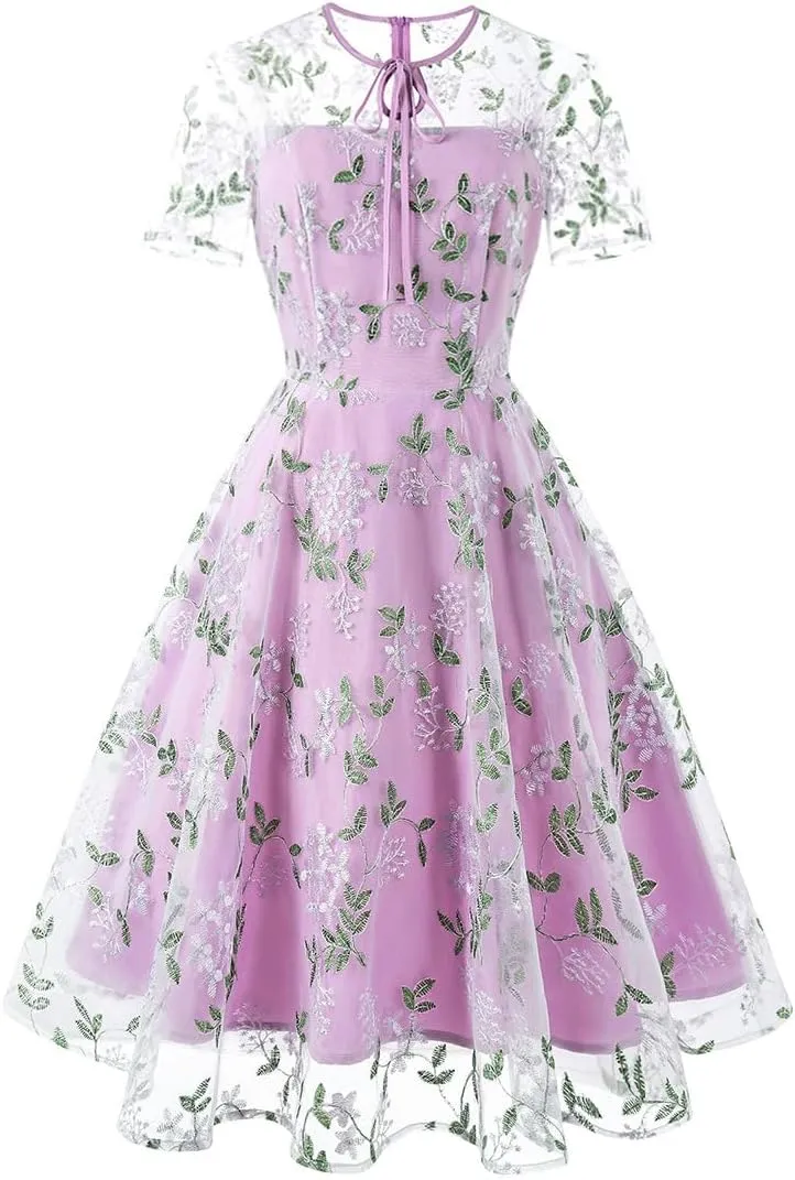 Mesh Embroidery Floral Dress for Women Short Sleeve Cocktail Tea Party Dress Keyhole Tie Formal Embroidered Tulle Prom Dress