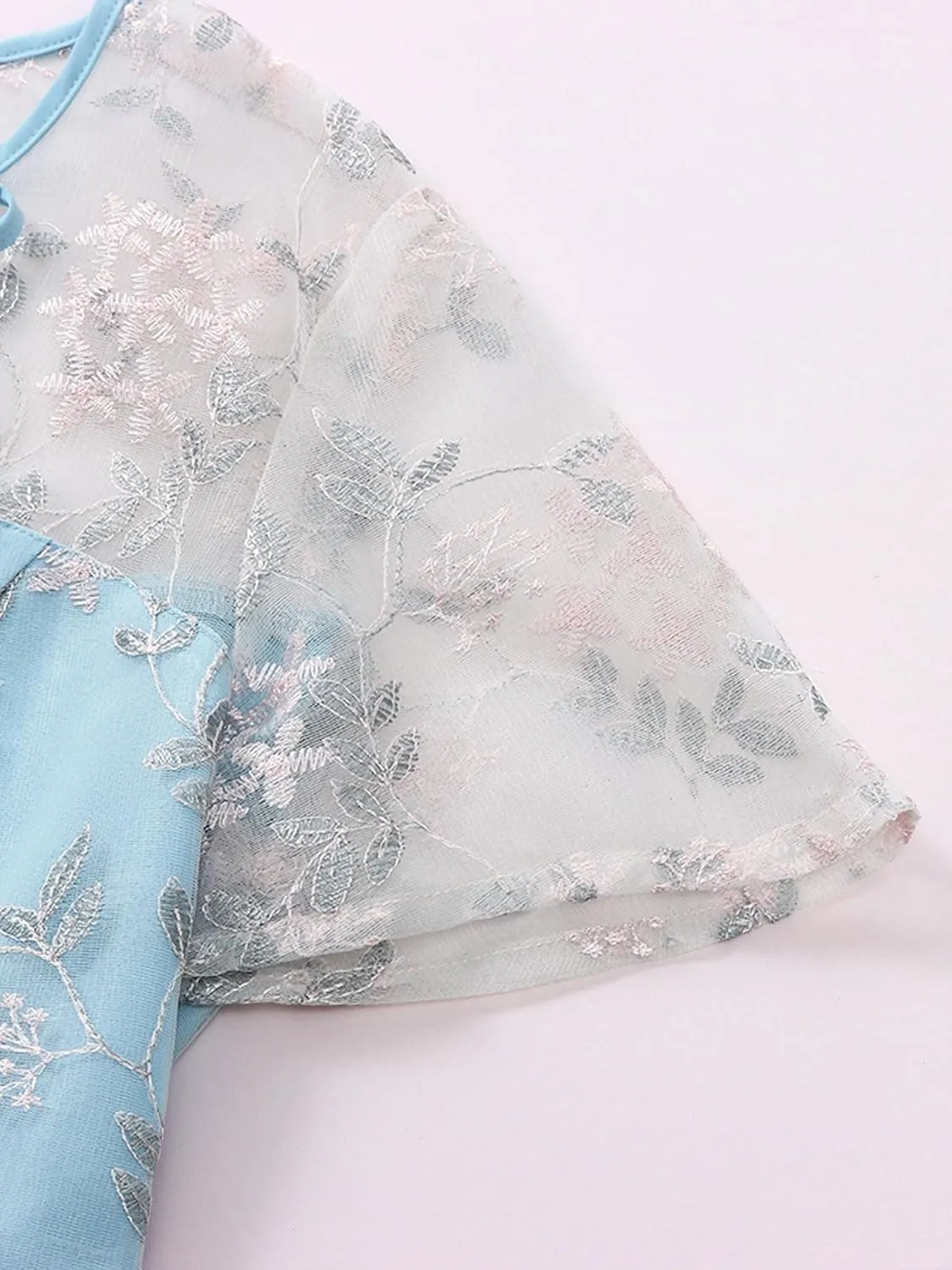 Mesh Embroidery Floral Dress for Women Short Sleeve Cocktail Tea Party Dress Keyhole Tie Formal Embroidered Tulle Prom Dress