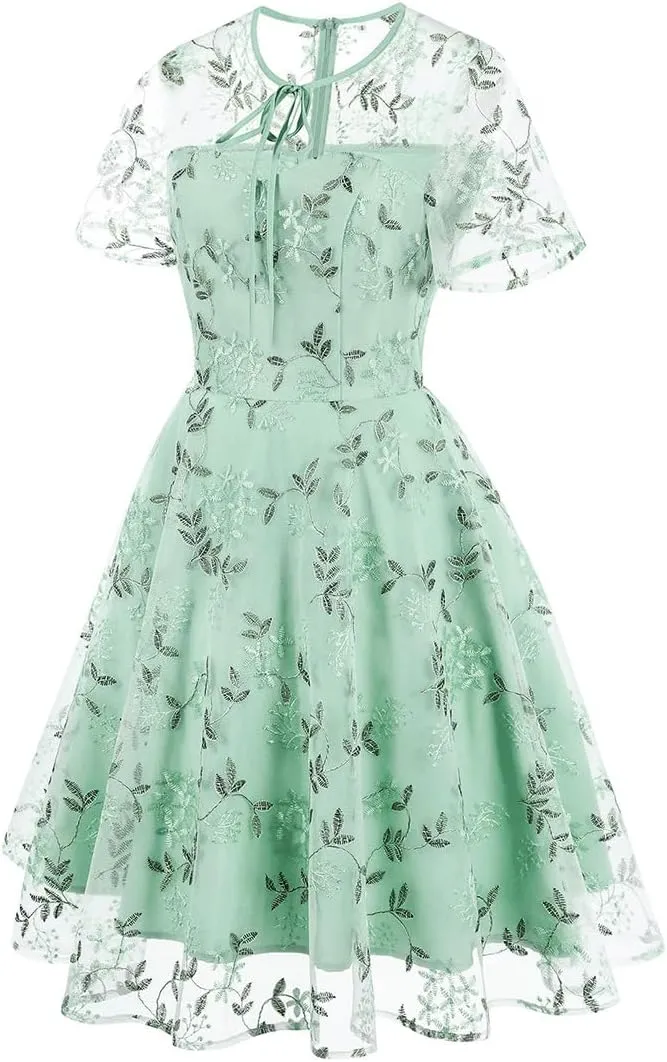 Mesh Embroidery Floral Dress for Women Short Sleeve Cocktail Tea Party Dress Keyhole Tie Formal Embroidered Tulle Prom Dress