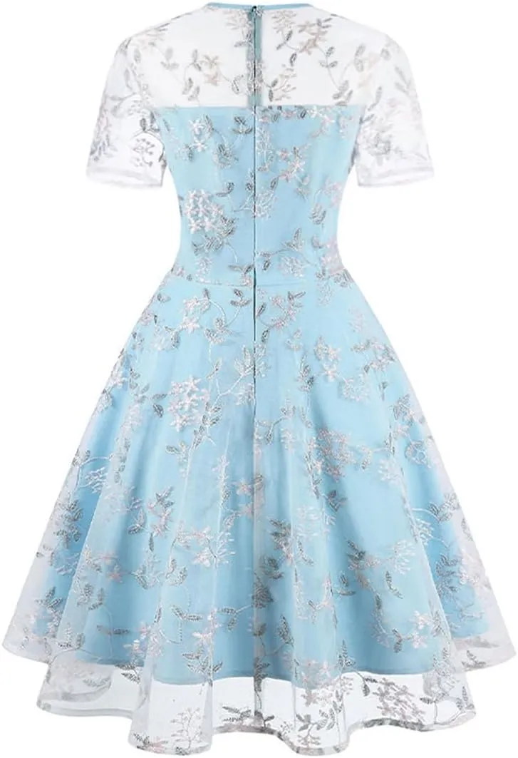 Mesh Embroidery Floral Dress for Women Short Sleeve Cocktail Tea Party Dress Keyhole Tie Formal Embroidered Tulle Prom Dress