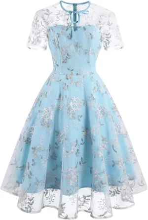 Mesh Embroidery Floral Dress for Women Short Sleeve Cocktail Tea Party Dress Keyhole Tie Formal Embroidered Tulle Prom Dress