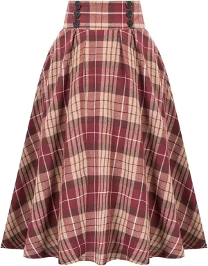 Midi Skirts for Women Elegant Vintage Button Elastic High Waisted Skirts Dressy Casual Pleated A Line Work Skirts