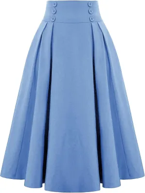 Midi Skirts for Women Elegant Vintage Button Elastic High Waisted Skirts Dressy Casual Pleated A Line Work Skirts