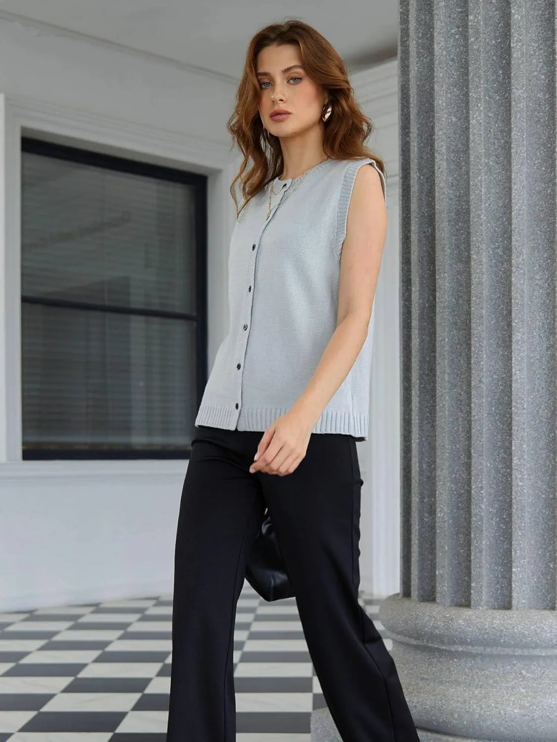 Milumia Women's Round Neck Button Up Sweater Vet Sleeveless Basic Knit Tops