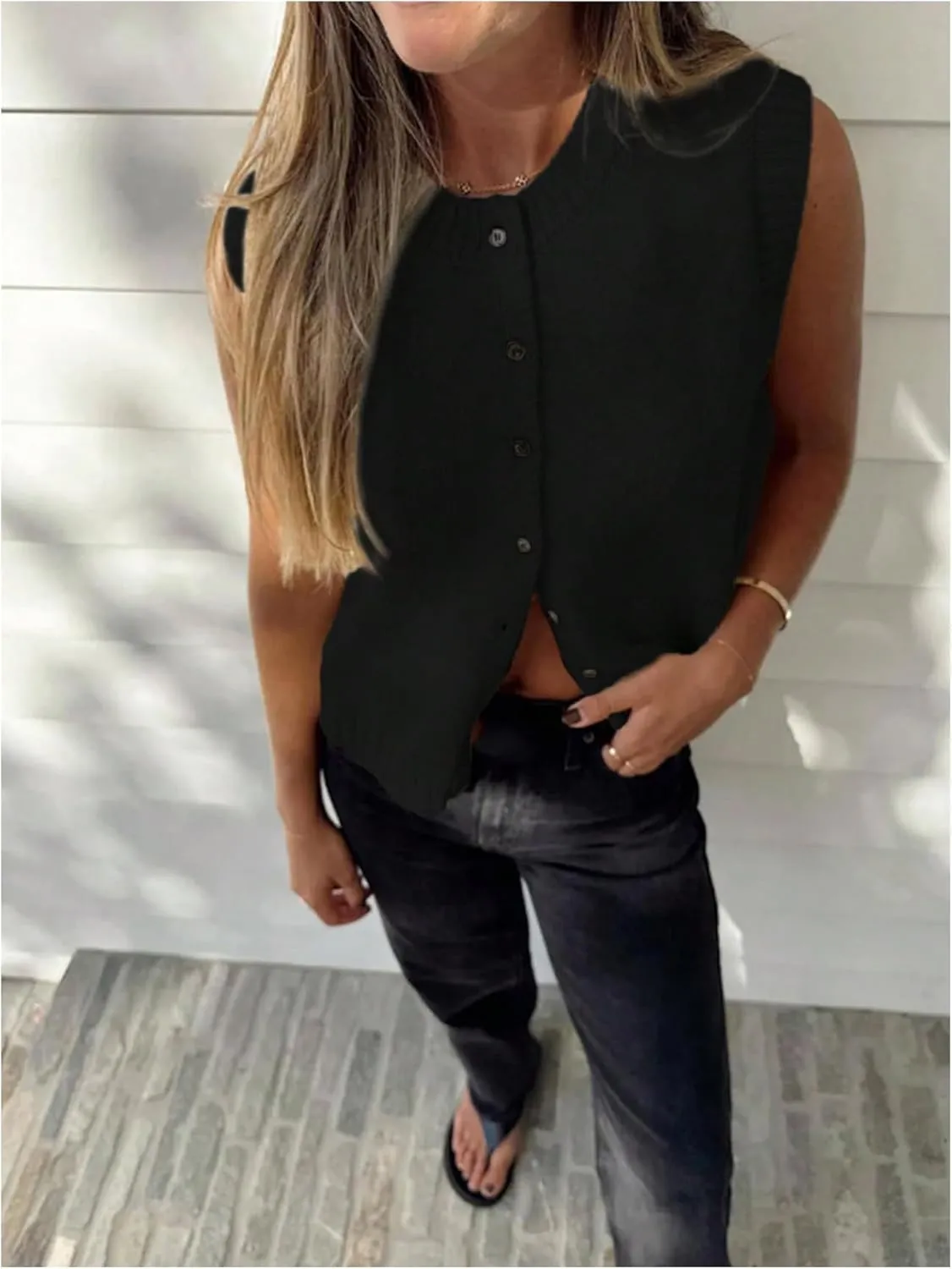 Milumia Women's Round Neck Button Up Sweater Vet Sleeveless Basic Knit Tops