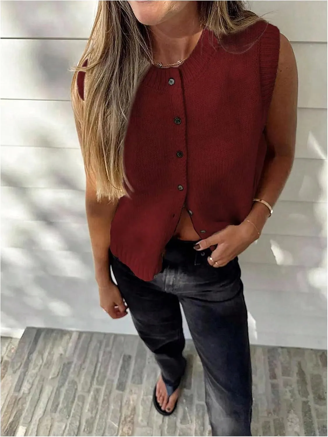 Milumia Women's Round Neck Button Up Sweater Vet Sleeveless Basic Knit Tops